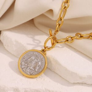European and American cross-border fashionable and stylish retro geometric jewelry with an 18K gold-plated stainless steel angel coin necklace.