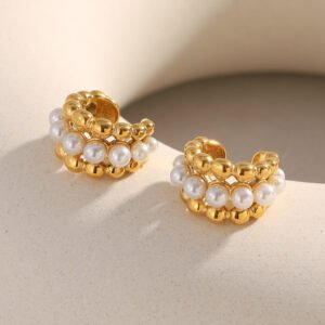 European and American cross-border new simple and versatile geometric stainless steel 18K gold-plated imitation pearl round bead earrings for women