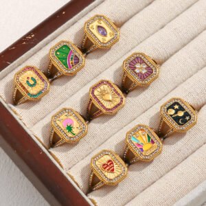 European and American cross-border new retro French-style niche hand jewelry, 18K gold-plated stainless steel open-end ring for women with oil drops