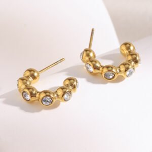 European and American cross-border geometric, simple, versatile, fashionable, stainless steel 18K gold-plated round bead zircon earrings for women.