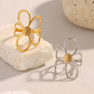 European and American cross-border retro and exaggerated design, niche ring, stainless steel 18K gold-plated flower open ring for women.