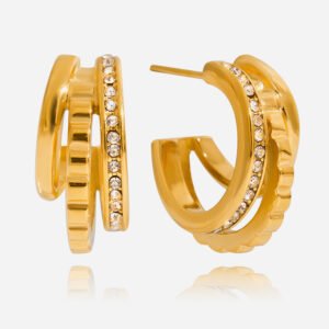 Jingqiao classic design 18K gold stainless steel three-layer hollow diamond C hoop earrings wholesale