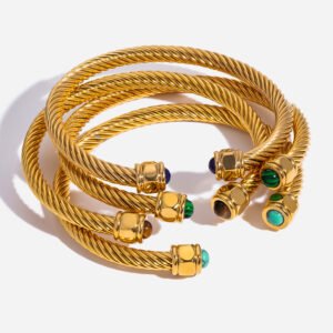 High-end, new natural green malachite inlaid stainless steel ribbed bracelet, versatile wholesale jewelry