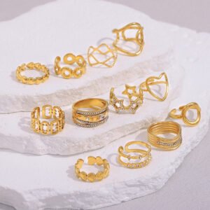 European and American cross-border fashionable and trendy 18K gold-plated stainless steel five-pointed star hollow beaded heart multi-layer zircon ring.