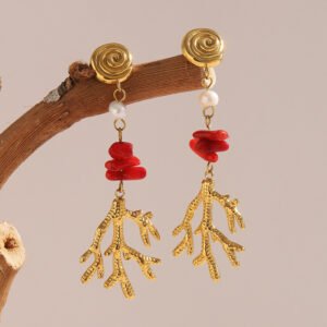 European and American cross-border hot-selling earrings with a stylish retro design, stainless steel 18K gold-plated coral branch pendant and stud earrings