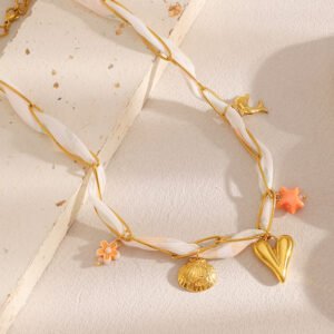 European and American cross-border light luxury niche stainless steel 18K gold-plated ribbon pendant necklace, long heart double-wrapped necklace