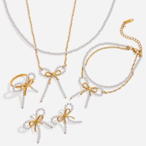 Jingqiao's sweet and romantic design, 18K gold stainless steel pearl bow double-layer earrings, versatile wholesale earrings.