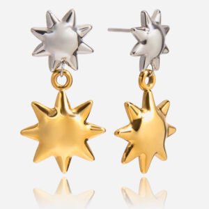 Jingqiao's classic design: 18k gold and stainless steel gold and silver color combination Sun pendant earrings with steel top and gold bottom.