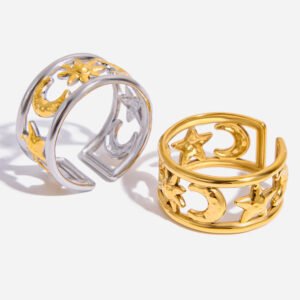 Jingqiao's classic design, 18K gold stainless steel star and moon hollow double-layer stainless steel open ring.