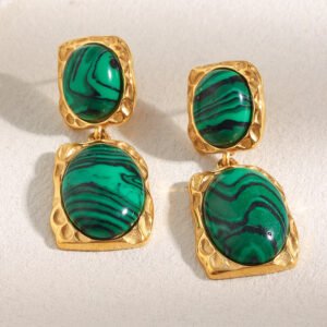 European and American cross-border hot-selling vintage, exaggerated, niche fashion earrings, 18K gold-plated stainless steel malachite pendant earrings