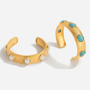 Jingqiao's retro design, 18K gold and stainless steel hammered pearl and white pearl open stainless steel bracelet