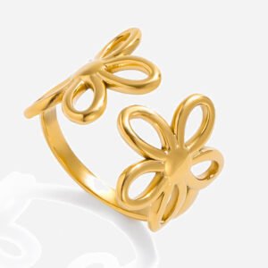 Jingqiao Design Sweet and Romantic 18K Gold Stainless Steel Hollow Line Flower Adjustable Open Ring Jewelry