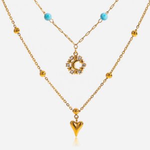 Jingqiao classic design 18K gold stainless steel white diamond moon heart pendant double-layer necklace