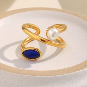 European and American cross-border retro, light luxury, high-end, stainless steel 18K gold-plated asymmetrical imitation pearl natural stone open ring.