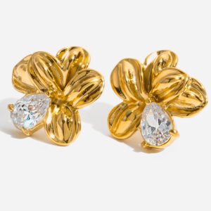 Jingqiao's classic design: 16K gold and stainless steel teardrop-shaped white zircon flower earrings, wholesale.