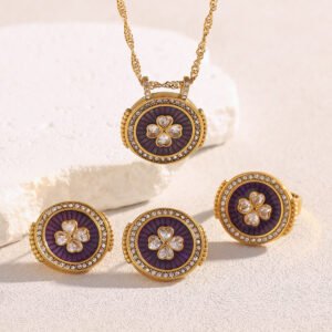 European and American cross-border French retro stainless steel 18K gold-plated zircon flower disc earrings, necklace and ring for women