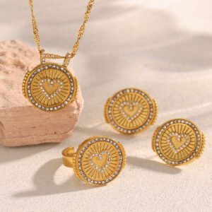 European and American cross-border stylish, retro, stainless steel 18K gold-plated zircon heart disc earrings, necklace, and rings for women