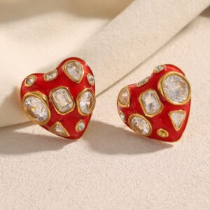 European and American cross-border INS style, stylish and trendy, 18K gold-plated stainless steel red drip heart and white zirconium stud earrings