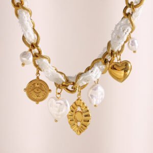 European and American bohemian style, personalized necklace, stainless steel 18K gold-plated white oil-drop flower handmade chain bracelet for women