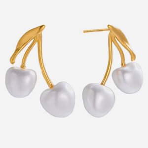 Jingqiao elegant design, 18K gold stainless steel pearl cherry earrings, stainless steel earrings, wholesale.