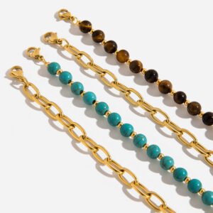 Jingqiao's retro-inspired 18K gold stainless steel blue turquoise beaded cross chain stainless steel bracelet wholesale