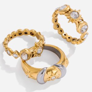 Jingqiao's classic design, 18K gold and stainless steel gold and silver color combination. White zircon sun-shaped stainless steel ring