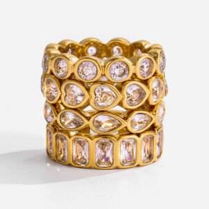 Jingqiao's classic design, 18K gold stainless steel heart-shaped white shimmering zircon stacking ring.