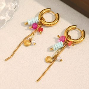 European and American cross-border elegant retro fashion personalized earrings, stainless steel 18K gold-plated natural stone tassel pendant earrings