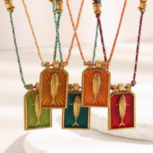 European and American cross-border light luxury niche stainless steel 18K gold-plated hand-woven colored rope oil-drip eye Luo card necklace for women