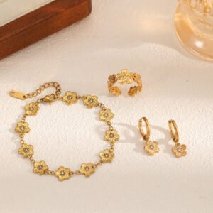 Cross-border fashion stainless steel peach blossom earrings female temperament commuting all-match flower bracelet ring earring jewelry set