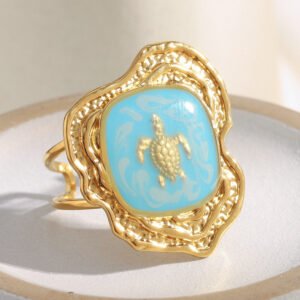 European and American niche, ocean-style hand jewelry, 18K gold-plated stainless steel plated vintage oil-dripping turtle open ring for women, light luxury.