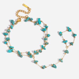 Jingqiao's minimalist design, 18K gold stainless steel, blue turquoise double-layer finger-linked stainless steel bracelet, wholesale