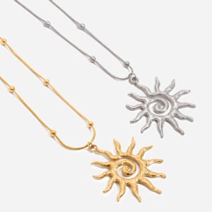 Jingqiao's modern minimalist design, 18K gold stainless steel hammered spiral sun pendant necklace, wholesale jewelry.