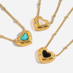 Jingqiao's sweet and romantic design, 16K gold and stainless steel heart-shaped blue turquoise pendant necklace with white diamonds.