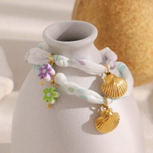 New European and American Cross-Border Elegant Seaside Vacation Style Vintage Jewelry, 18K Gold-Plated Stainless Steel Ribbon and Shell Bracelet