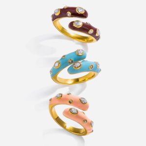 Jingqiao's classic design: 16K gold and stainless steel oil drop with zircon open stainless steel ring, wholesale.