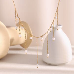 European and American cross-border fashionable and stylish vintage-style necklace, stainless steel 18K gold-plated imitation pearl tassel necklace