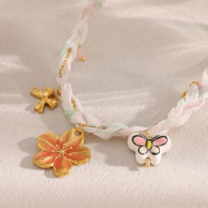 European and American cross-border summer stainless steel 18K gold-plated ribbon pendant necklace, dripping flower Women's Double Wrap Necklace