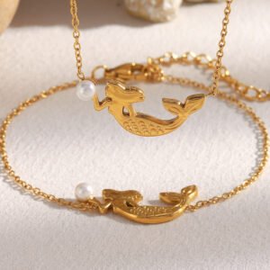 European and American cross-border new products personality niche stainless steel plated 18K gold imitation pearl mermaid pendant necklace bracelet for women