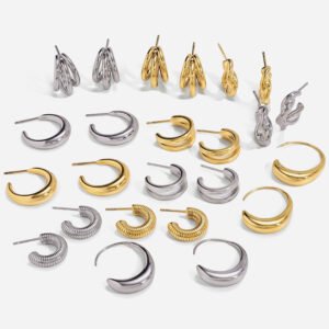Jingqiao's classic design, 14K gold stainless steel three-layer hollow C-shaped earrings, stainless steel earrings wholesale
