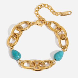 Jingqiao retro design, 18K gold stainless steel wide oval chain clasp blue turquoise bracelet. Bracelet and necklace jewelry