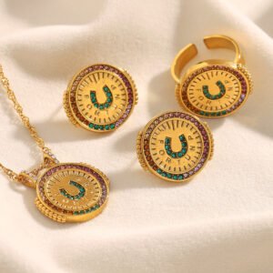 European and American cross-border new light luxury and elegant stainless steel 18K gold-plated colored zircon disc. Women's earrings, necklaces, and rings