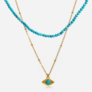 Jingqiao's classic design, 18K gold and stainless steel double-layer necklace with blue turquoise, jewelry wholesale