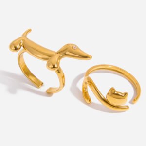 Jingqiao's minimalist design, 18K gold stainless steel diamond-embellished dachshund puppy adjustable open ring.