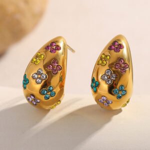 European and American cross-border personalized, exaggerated, niche design earrings, stainless steel 18K gold-plated hollow colored diamond flower stud earrings
