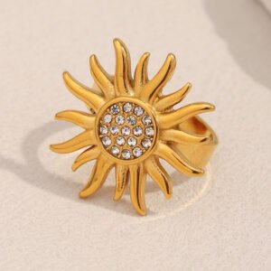 Hot-selling European and American cross-border retro and niche exaggerated rings and bracelets, stainless steel 18K gold-plated sun zircon open rings.