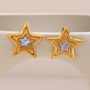 European and American cross-border INS style. Versatile, high-end, stainless steel 18K gold-plated five-pointed star zircon earrings.