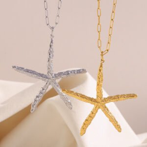 European and American cross-border summer beach vacation style exaggerated necklaces, stainless steel 18K gold-plated hammered starfish necklace