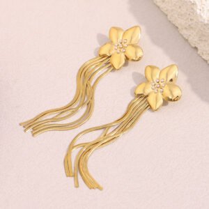 European and American cross-border hot-selling INS-style elegant and high-end earrings, stainless steel 18K gold-plated flower long tassel earrings.