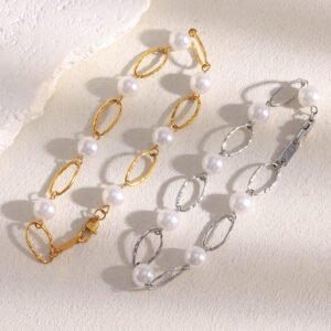 European and American cross-border popular, versatile, simple, and exquisite retro hand jewelry, stainless steel 18K gold-plated imitation pearl bracelet for women